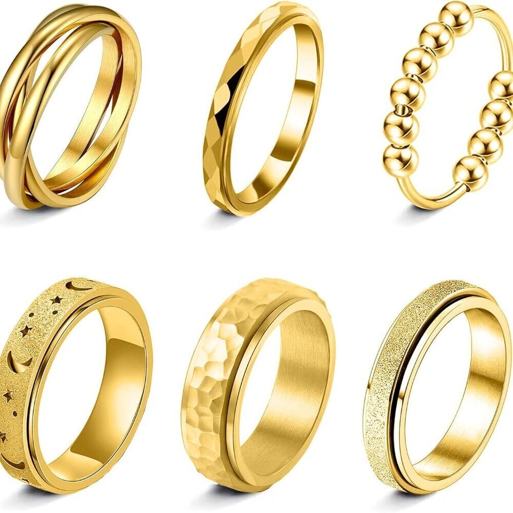 Fidget Rings Stainless Steel 6pcs Unisex Anxiety Spinner Bands Jewelry - Picture 1 of 5
